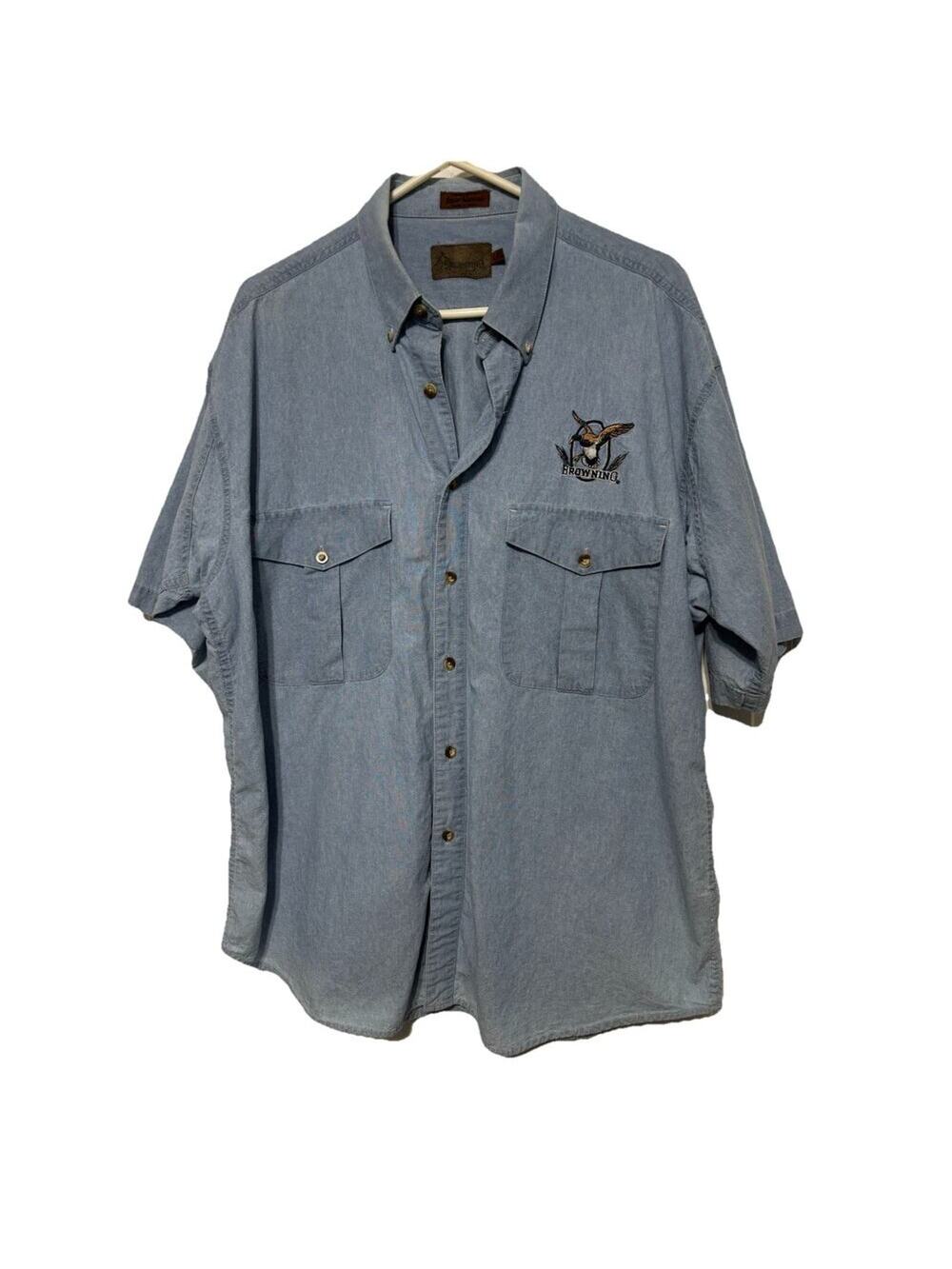 Vintage Browning Denim Button Up Shirt Mens XL Duck Logo Light Blue Hunting